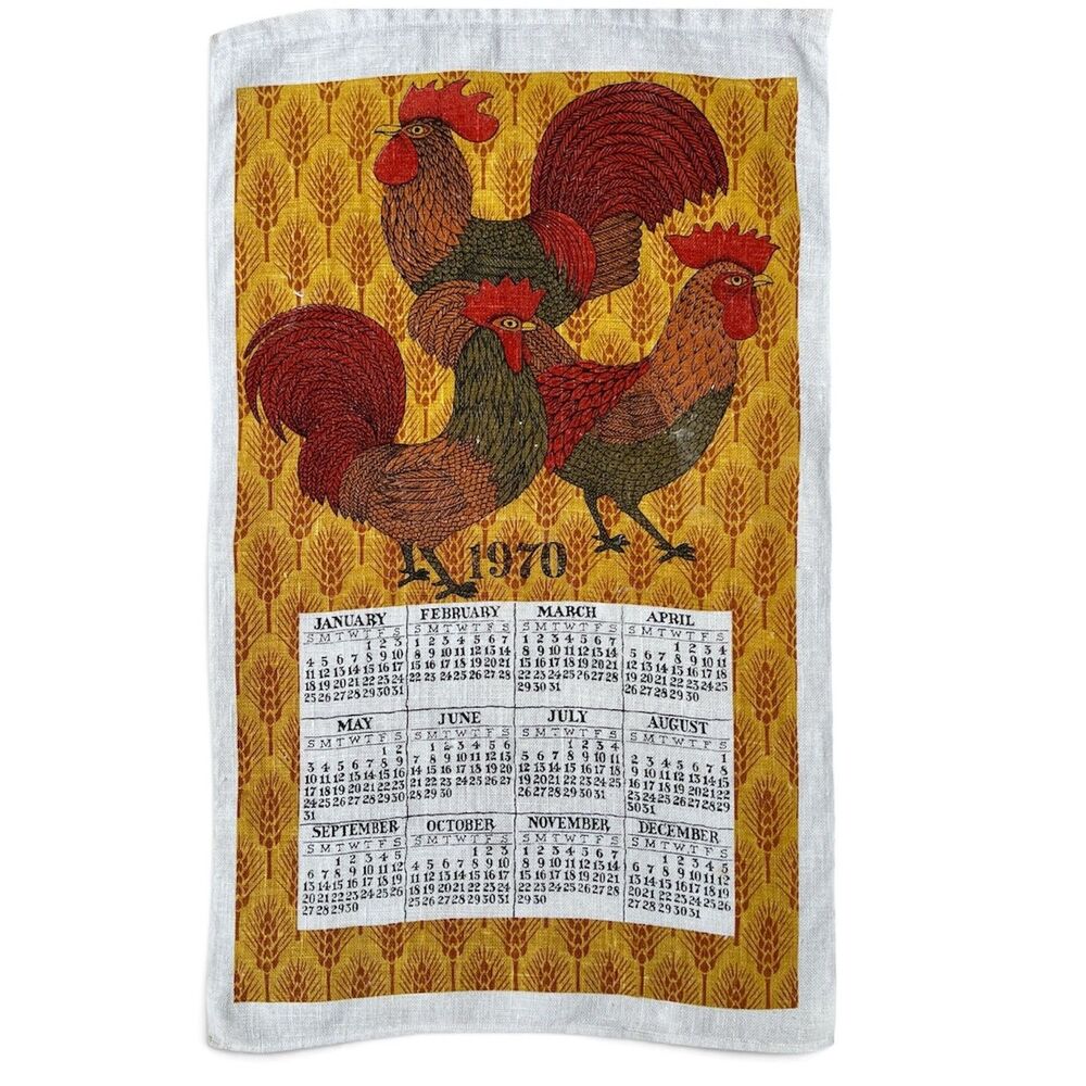 Vtg 1970 Linen Towel Calendar 3 Red Roosters Wheat Background Retro Kitchen